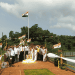 Senior citizens hoist national flag on the banks of Bheem Kol lake as per government orders
