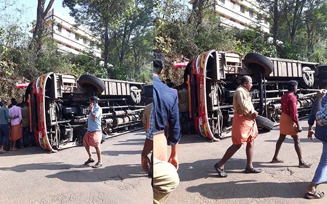 KASARGOD: A bus overturned on the roadside after the driver lost control of the vehicle.