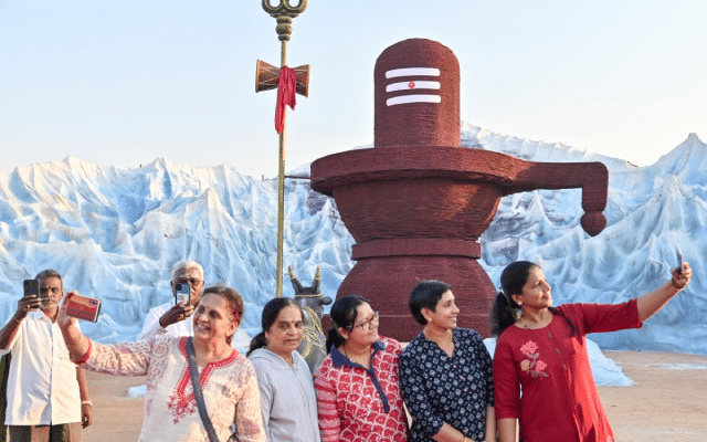 A 21-feet-tall Shivalinga has been created using more than 5 lakh Rudrakshas.