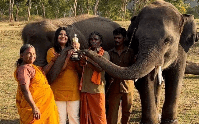Oscar the Elephant Whisperers team poses with elephants